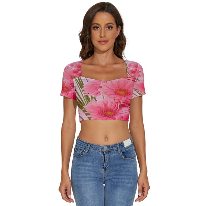 Nature Flowers Short Sleeve Square Neckline Crop Top 