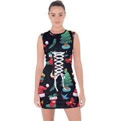 Christmas Pattern Lace Up Front Bodycon Dress