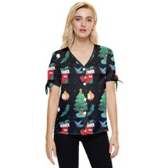 Christmas Pattern Bow Sleeve Button Up Top