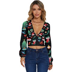 Christmas Pattern Long Sleeve Deep-v Velour Top