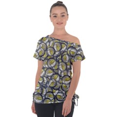 Gong Instrument Motif Pattern Off Shoulder Tie-up Tee