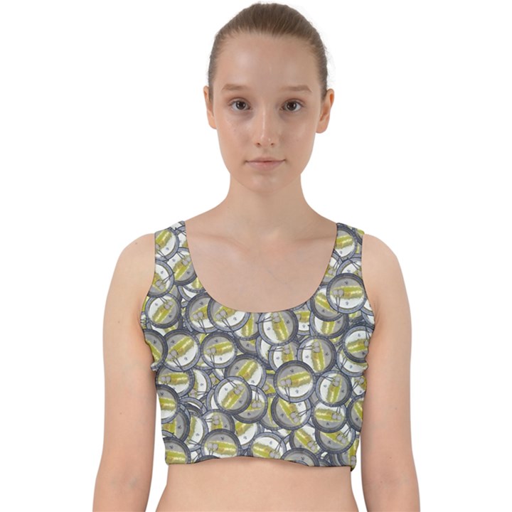 Gong Instrument Motif Pattern Velvet Racer Back Crop Top