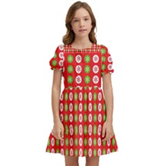 Festive Pattern Christmas Holiday Kids  Puff Sleeved Dress by Ravend