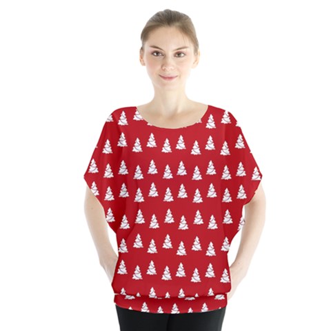 White Christmas Tree Red Batwing Chiffon Blouse by TetiBright