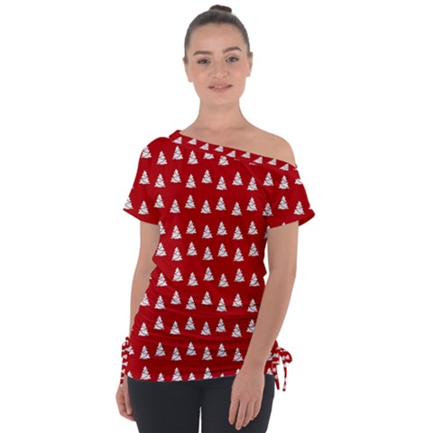 White Christmas Tree Red Off Shoulder Tie-up Tee by TetiBright