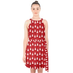 White Christmas Tree Red Halter Collar Waist Tie Chiffon Dress by TetiBright