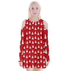 White Christmas Tree Red Velvet Long Sleeve Shoulder Cutout Dress by TetiBright