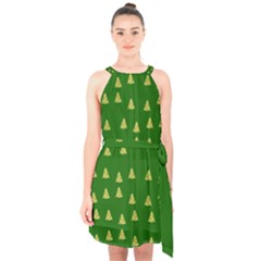 Green Christmas Trees Green Halter Collar Waist Tie Chiffon Dress by TetiBright