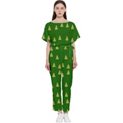 Green Christmas Trees Green Batwing Lightweight Chiffon Jumpsuit