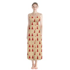 Red Christmas Tree Brown Button Up Chiffon Maxi Dress