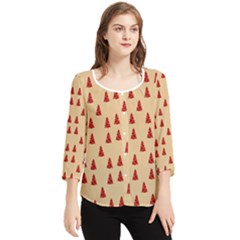 Red Christmas Tree Brown Chiffon Quarter Sleeve Blouse