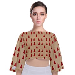 Red Christmas Tree Brown Tie Back Butterfly Sleeve Chiffon Top