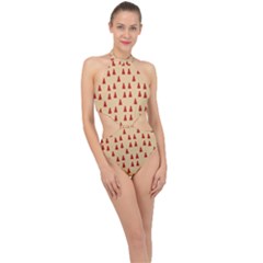 Red Christmas Tree Brown Halter Side Cut Swimsuit