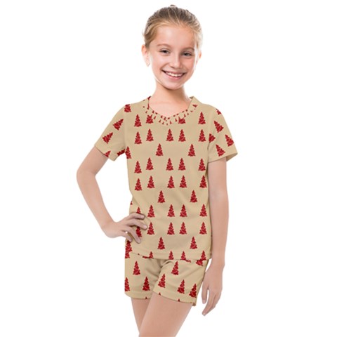 Red Christmas Tree Brown Kids  Mesh Tee And Shorts Set by TetiBright