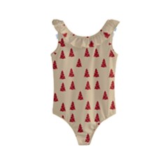 Red Christmas Tree Brown Kids  Frill Swimsuit