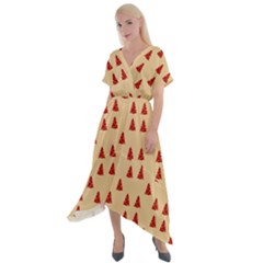 Red Christmas Tree Brown Cross Front Sharkbite Hem Maxi Dress