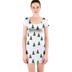 Green Christmas Trees White Short Sleeve Bodycon Dress