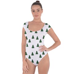 Green Christmas Trees White Short Sleeve Leotard 