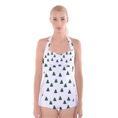 Green Christmas Trees White Boyleg Halter Swimsuit 