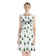 Green Christmas Trees White Sleeveless Waist Tie Chiffon Dress