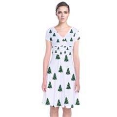 Green Christmas Trees White Short Sleeve Front Wrap Dress