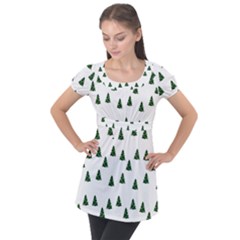 Green Christmas Trees White Puff Sleeve Tunic Top by TetiBright