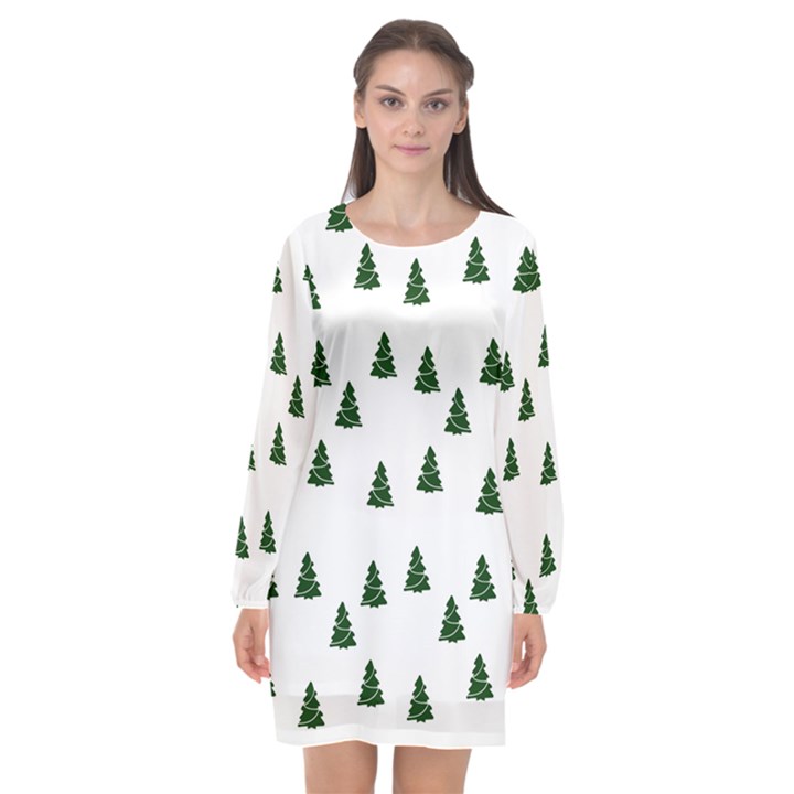 Green Christmas Trees White Long Sleeve Chiffon Shift Dress 