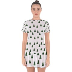 Green Christmas Trees White Drop Hem Mini Chiffon Dress