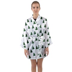 Green Christmas Trees White Long Sleeve Satin Kimono