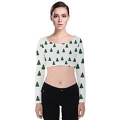 Green Christmas Trees White Velvet Long Sleeve Crop Top