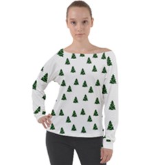 Green Christmas Trees White Off Shoulder Long Sleeve Velour Top