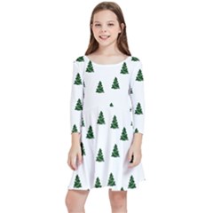 Green Christmas Trees White Kids  Quarter Sleeve Skater Dress