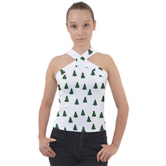 Green Christmas Trees White Cross Neck Velour Top