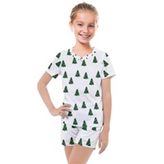 Green Christmas Trees White Kids  Mesh Tee And Shorts Set