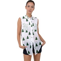 Green Christmas Trees White Sleeveless Chiffon Button Shirt