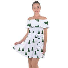 Green Christmas Trees White Off Shoulder Velour Dress