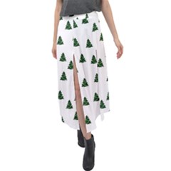 Green Christmas Trees White Velour Split Maxi Skirt