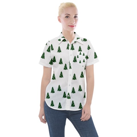 Green Christmas Trees White Women s Short Sleeve Pocket Shirt by TetiBright