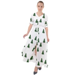 Green Christmas Trees White Waist Tie Boho Maxi Dress