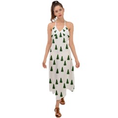 Green Christmas Trees White Halter Tie Back Dress 