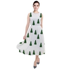 Green Christmas Trees White Round Neck Boho Dress