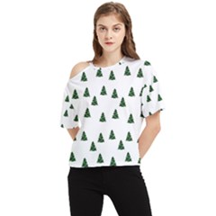 Green Christmas Trees White One Shoulder Cut Out Tee