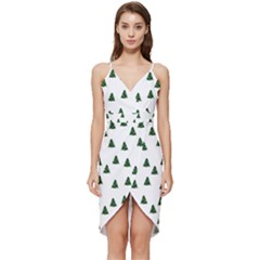 Green Christmas Trees White Wrap Frill Dress