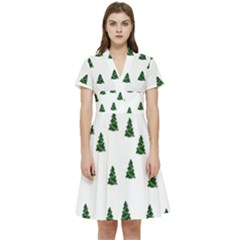 Green Christmas Trees White Short Sleeve Waist Detail Dress