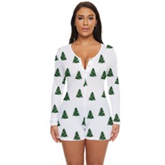 Green Christmas Trees White Long Sleeve Boyleg Swimsuit