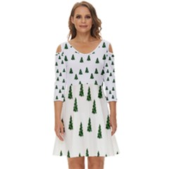 Green Christmas Trees White Shoulder Cut Out Zip Up Dress