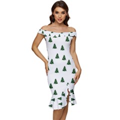 Green Christmas Trees White Off Shoulder Ruffle Split Hem Bodycon Dress by TetiBright