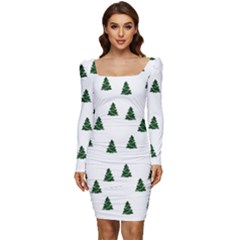 Green Christmas Trees White Women Long Sleeve Ruched Stretch Jersey Dress