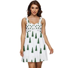 Green Christmas Trees White Ruffle Strap Babydoll Chiffon Dress