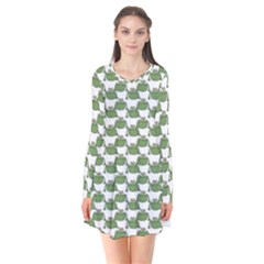 Funny Frog Cartoon Drawing Motif Pattern Long Sleeve V-neck Flare Dress